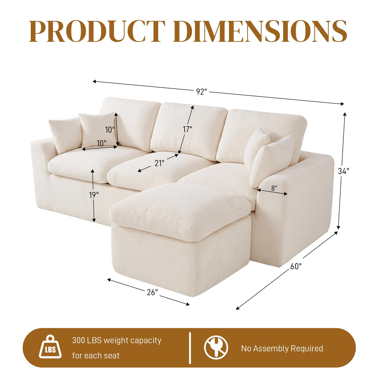 92" Boneless Cloud Couch, L Shaped Modular Sectional Sofas for Living Room