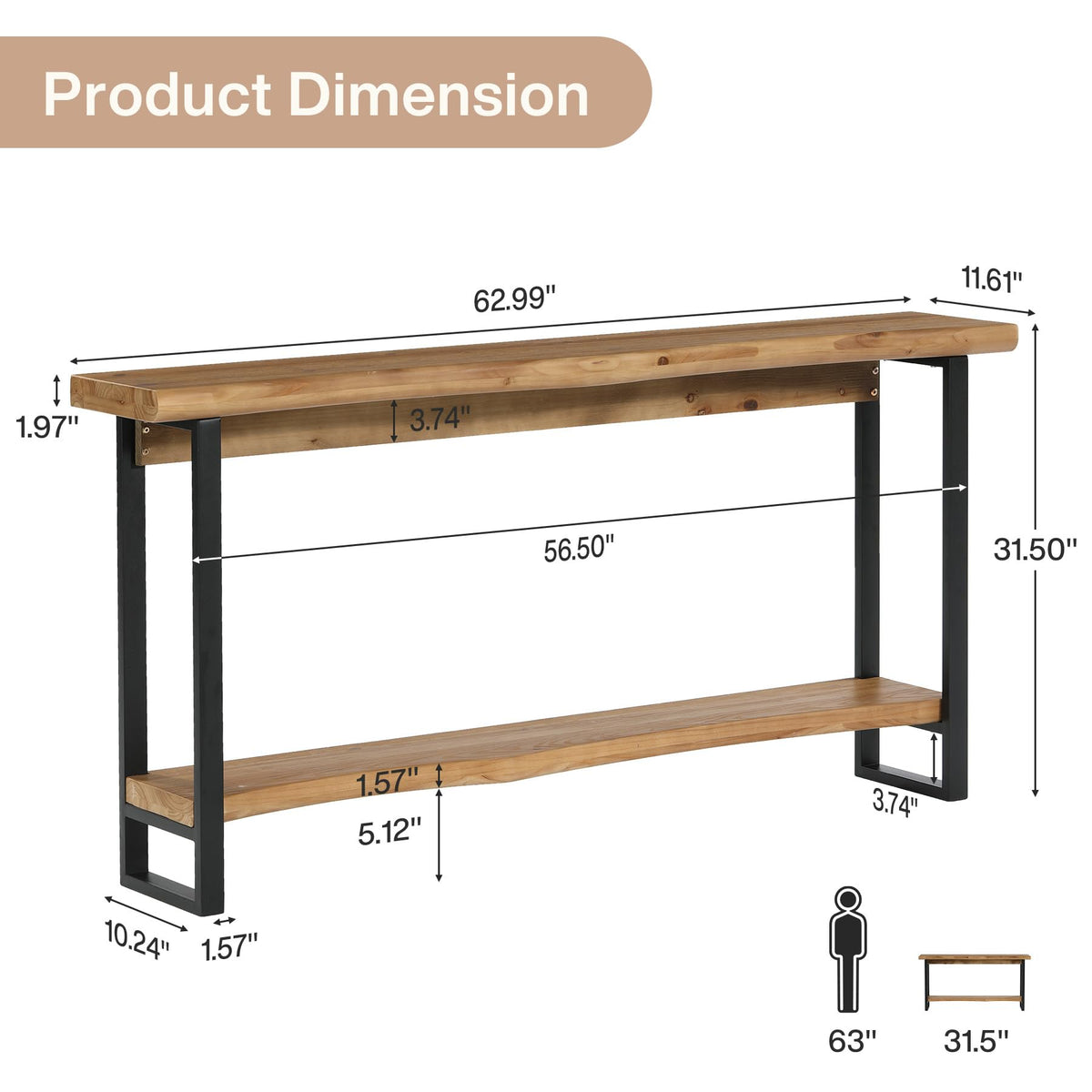 Tribesigns 63" Solid Wood Console Table with Metal Legs, Farmhouse Entryway Entry Table for Entrance, Narrow Long Sofa Table BEehind Couch for Living Room, Brown