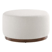 Round Boucle Upholstered Ottoman with Rubberwood Plinth Base