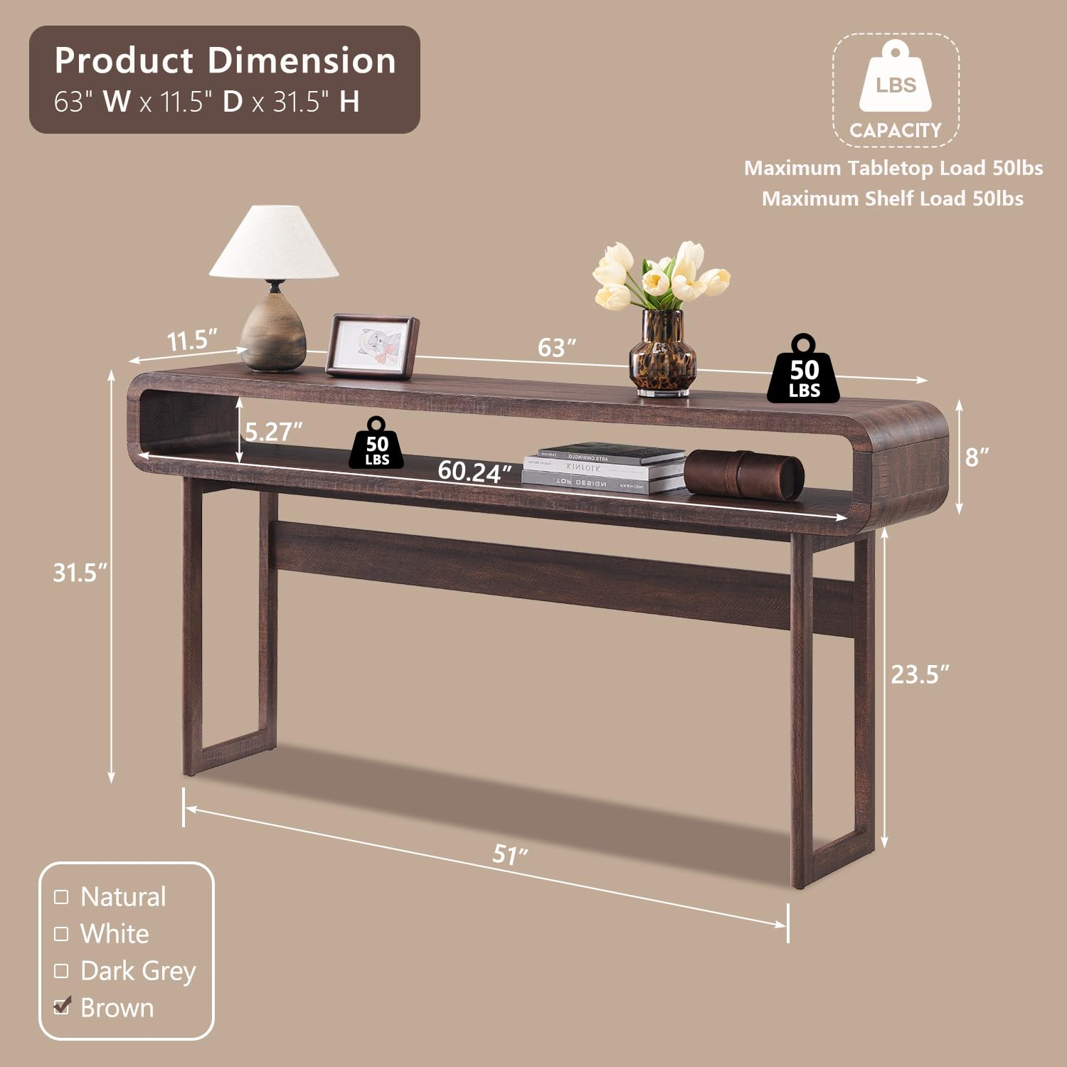 IFGET 63-Inch Long Console Table, 31.5" Tall Modern Entryway Table with Open Storage Shelf, Curved Profile Design, Narrow Wood Sofa Table Behind Couch Tables for Living Room, Hallway, Foyer, Brown