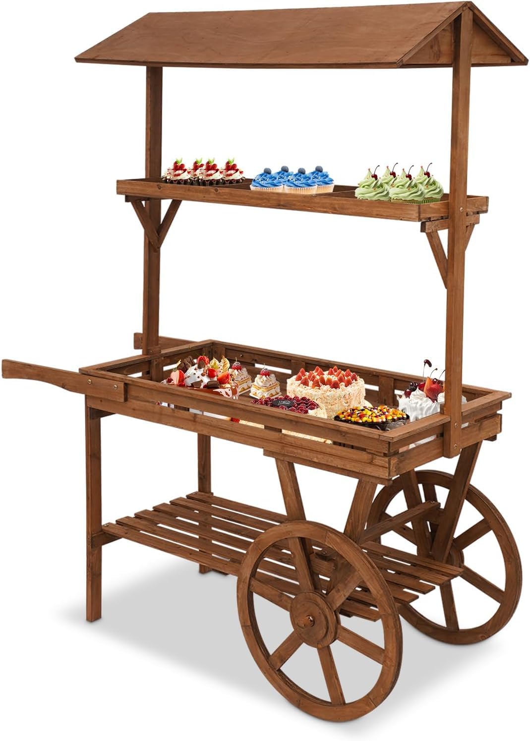 njxbrek Retro Wooden Rolling Cart with 2 Wheels, 3-Tier Cedar Wood Flower Display Stand, Freestanding Lemonade Tea Stall Mobile Shelf with Hollow Grid Design for Indoor Home Decor Plant Display