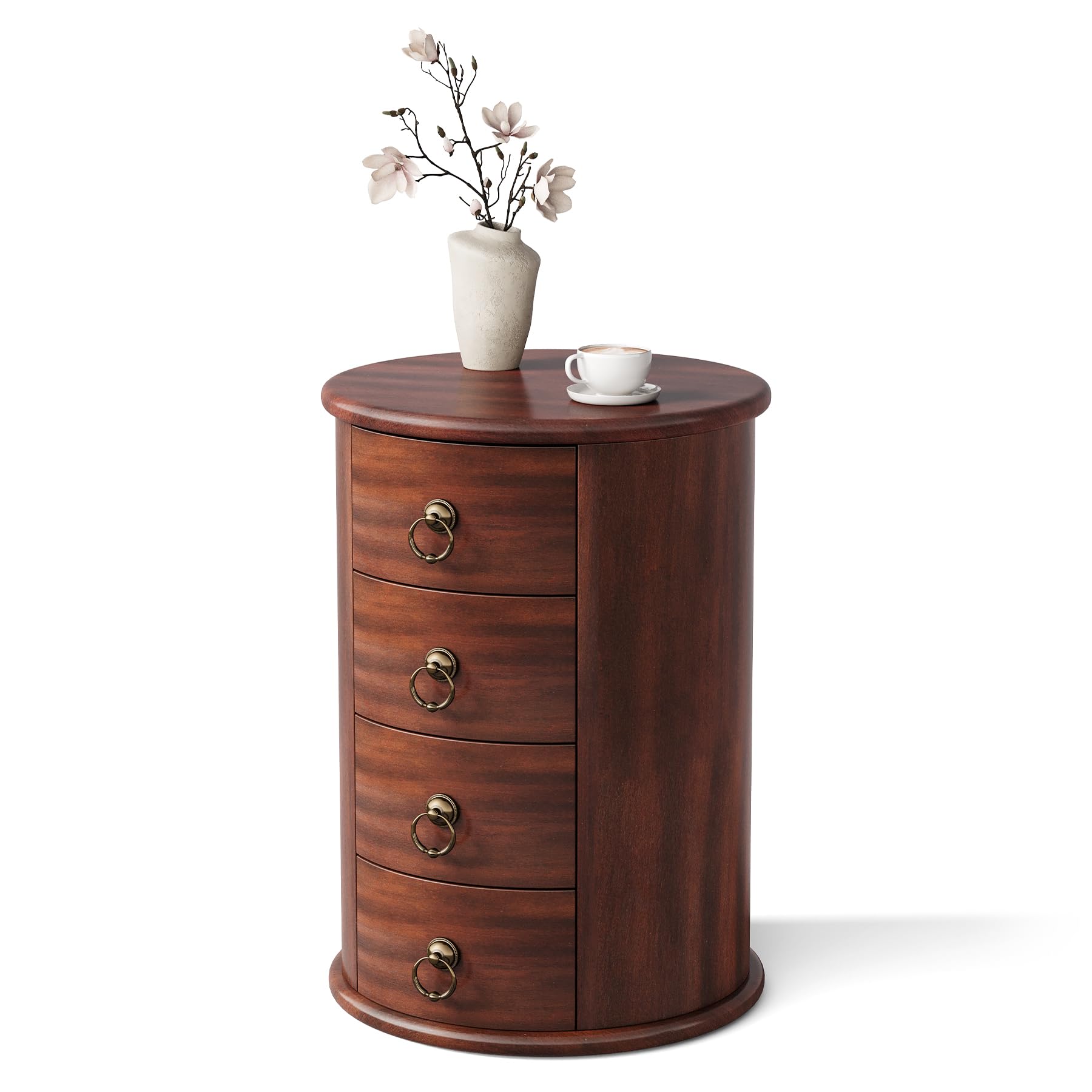 LITTLE TREE Small Side Table, Round Solid Wood End Table with Storage for Living Room, Mid Century Modern Nightstand with 4 Drawers for Bedroom, Small Spaces, Couch, Bedside, No Assembly Required