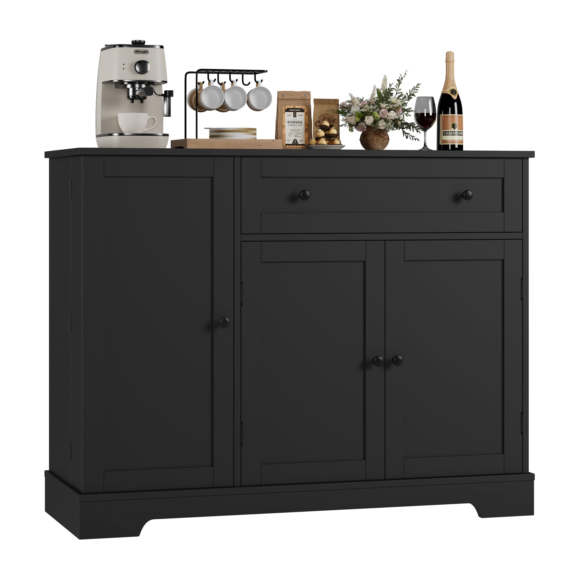 HOSTACK Buffet Cabinet with Storage, Modern Sideboard Buffet with Doors, Wood Coffee Bar Kitchen Storage Cabinet with Drawer and Adjustable Shelf for Kitchen, Dining Room, Living Room, Black