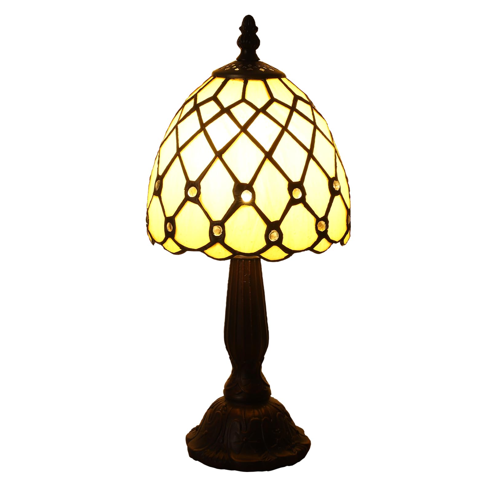 KALOUFUL Small Tiffany Style Table Lamp,3 Color Temperature Beads Light Gold Stained Glass Table Lamps for Living Dining Room,Bedroom,Bedside Nightstand Night Light+LED E12 Bulb,6X6X13Inch