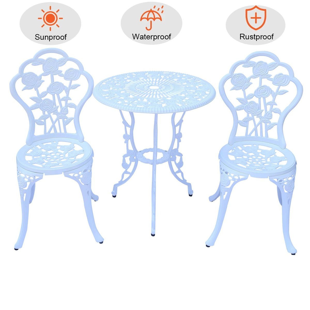 WILOUNGE 3-Piece Cast Aluminum Outdoor Bistro Set, Outdoor Table and Chairs Set of 2 with Umbrella Hole for Patio Garden Park(White, Rose)