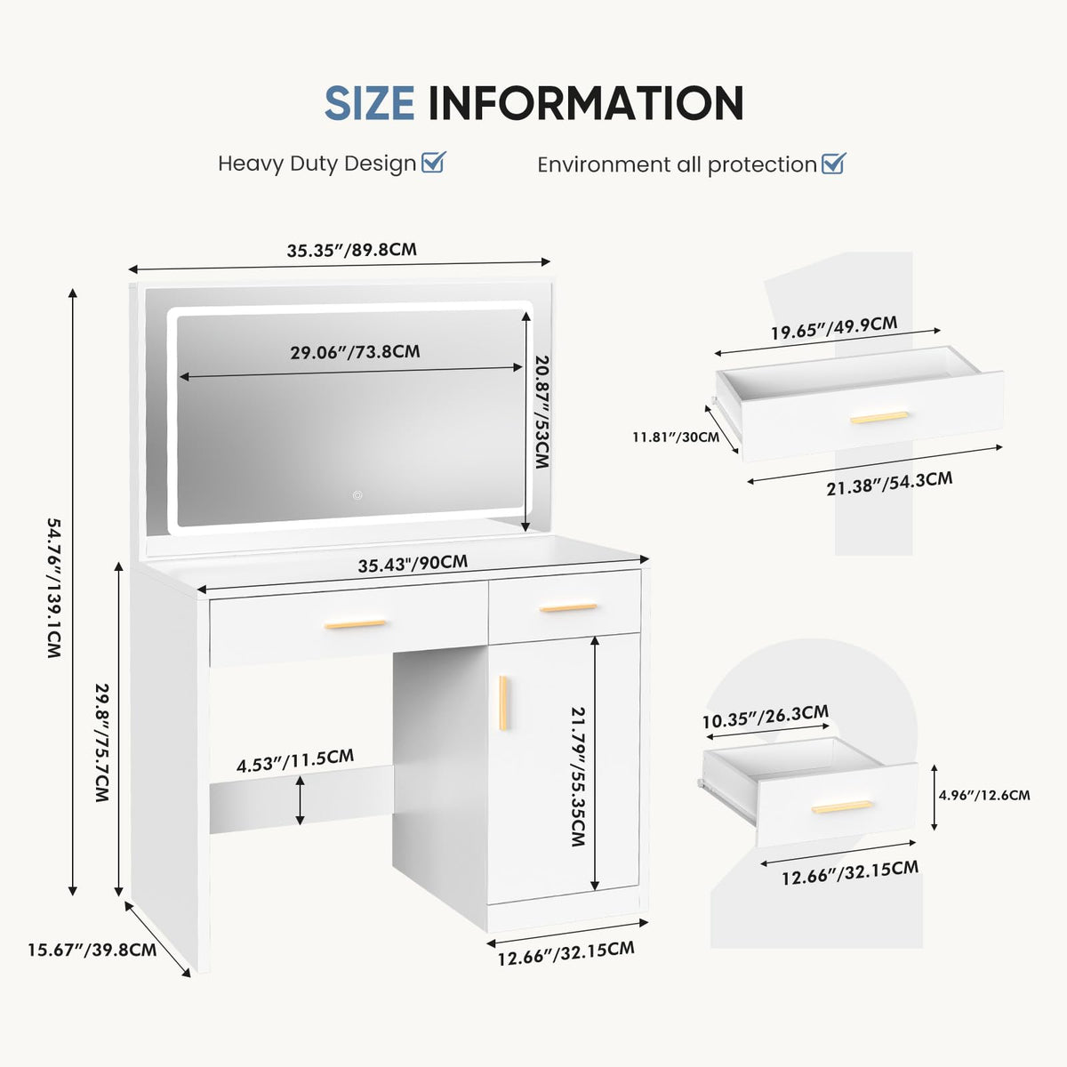 OLIXIS Vanity Desk with Mirror and LED Lights for Bedroom, White