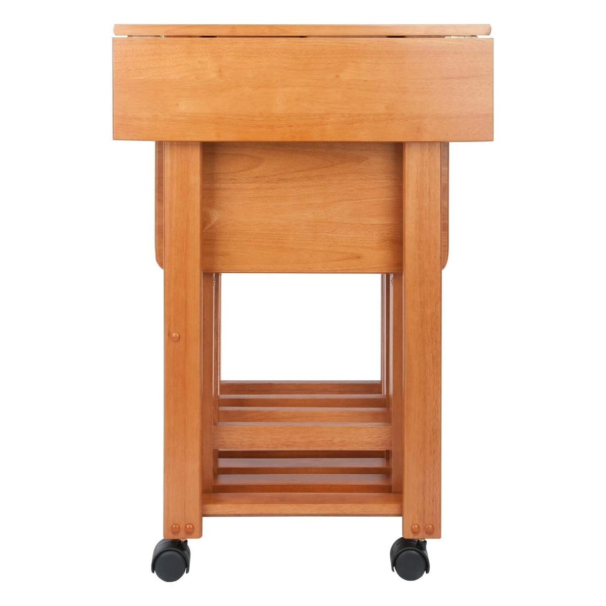 HomeStock 5-Piece Snack Table Set with Double Drop-Leaf Storage Table, 4 Folding Snack Tables, Grooved Slots, Solid Wood Design, and Rolling Casters Teak