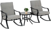 Oakcloud Oakmont Outdoor Furniture 3 Piece Conversation Bistro Set Rocking Chairs and Glass Top Table, Thick Cushions, Black Steel (Grey)