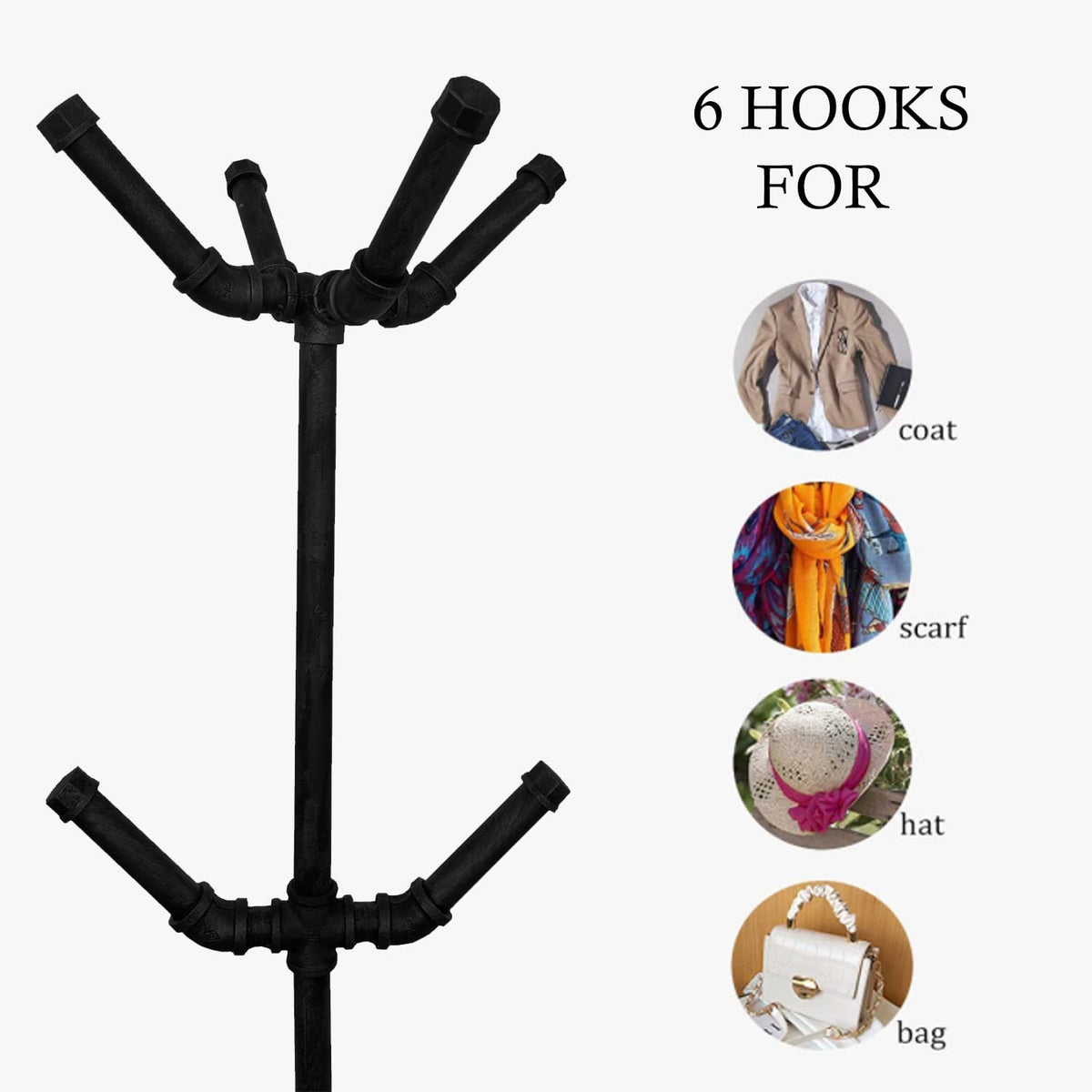 THRONKENGER Industrial Coat Rack,Metal Pipe Coat Rack Stand Freestanding with 6 Hooks,Heavy Duty Coat Tree Sturdy Coat Racks for Entryway, Hallway, Bedroom (Black)
