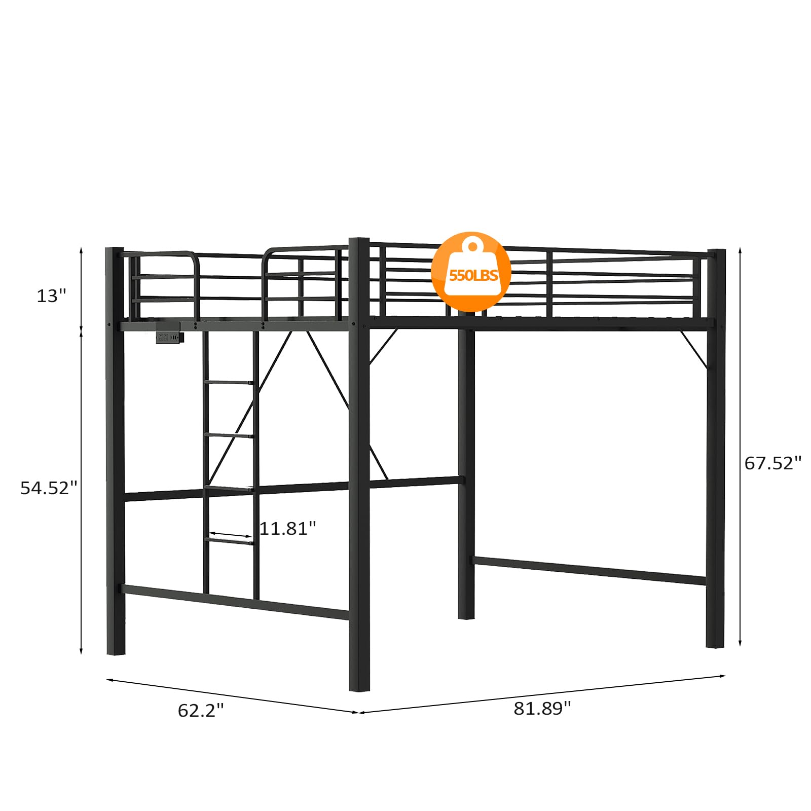 Queen Loft Bed with Charging Station & LED Lights