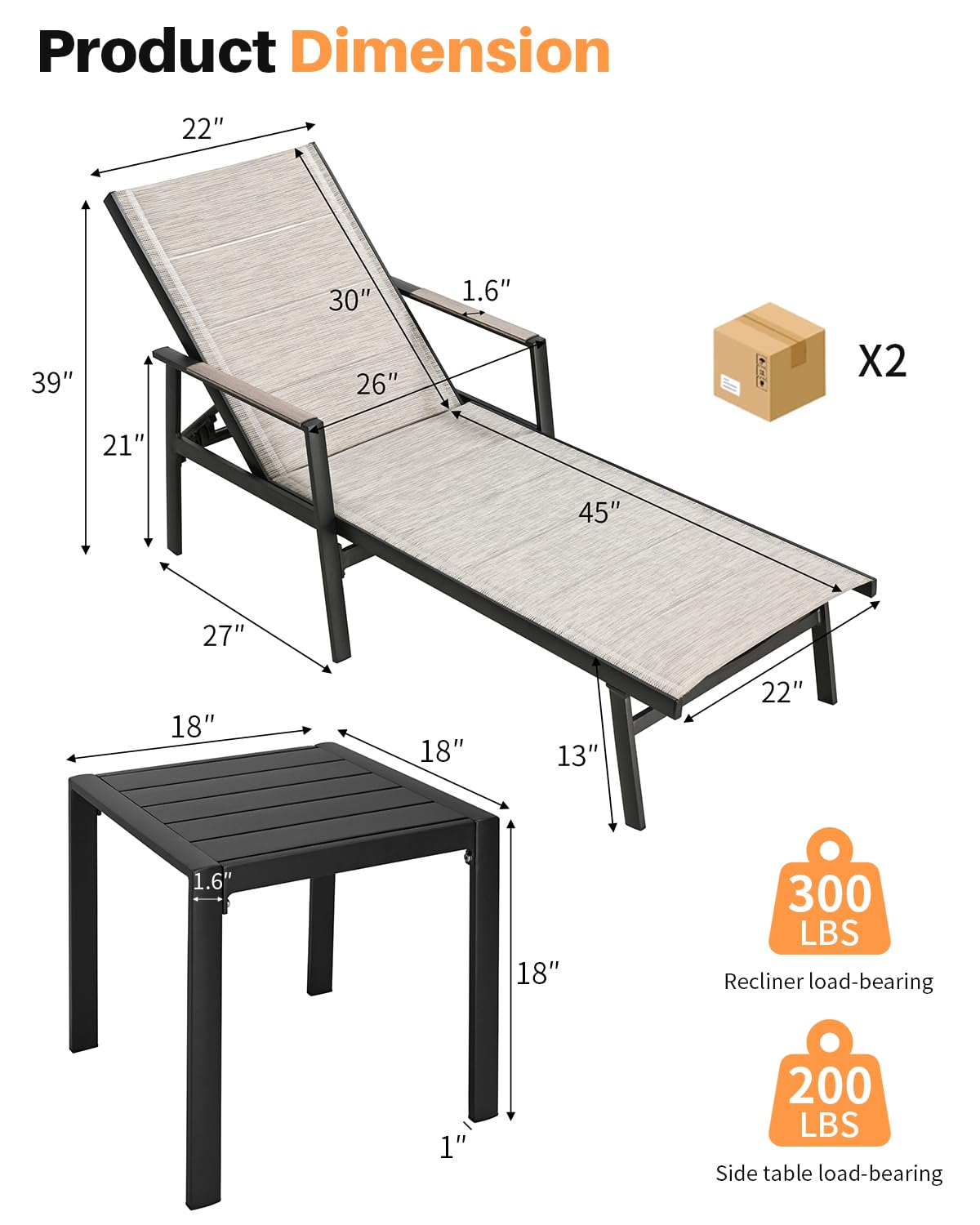 3-Piece Outdoor Chaise Lounge Set with Side Table