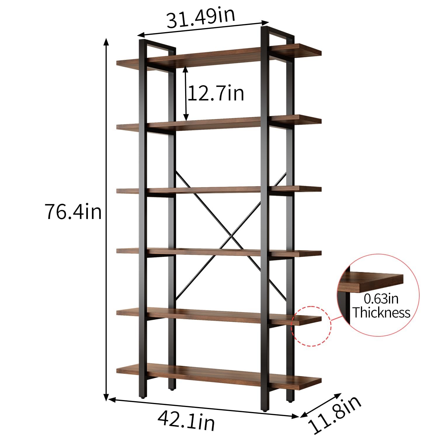 Industrial 6-Tier Bookshelf with Metal Frame