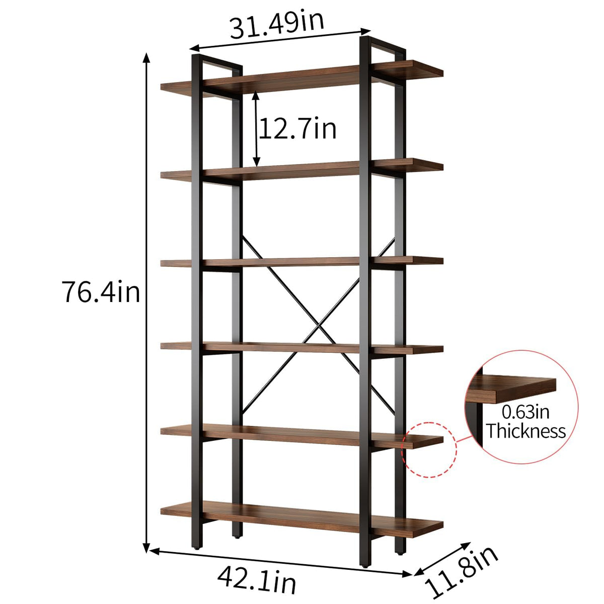 6-Tier Walnut Industrial Bookcase