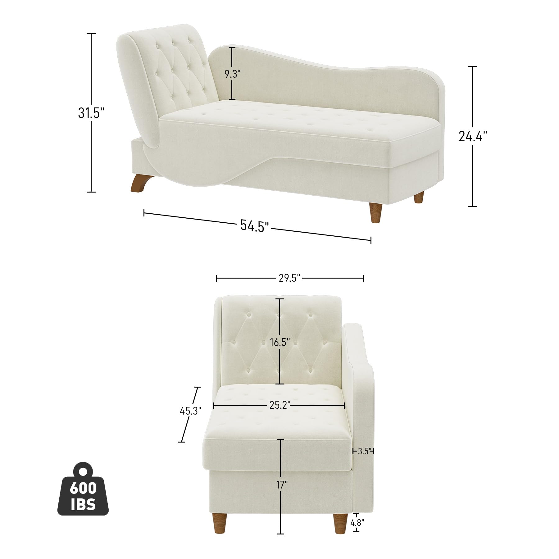 DAMAIFROM Chaise Lounge Chair Indoor with Storage, Adjustable Backrest Recling Reading Chair Sleeper Sofa Bed with Pillow, 3 in 1 Velvet Futon Lounge Chair for Living Room Bedroom, Beige White