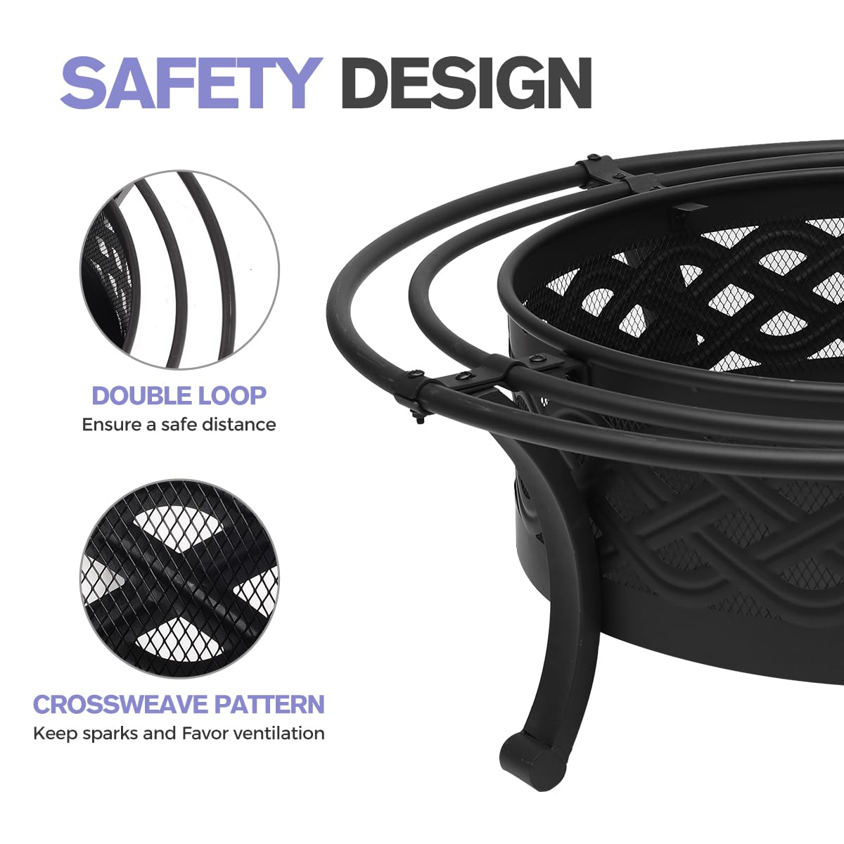 Panovue 36 Inch Outdoor Fire Pit with 2 Loops Spark Screen Black