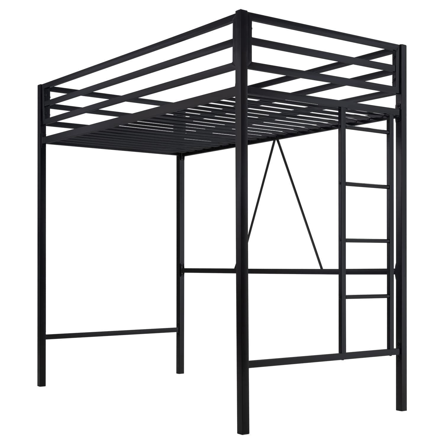 Twin Size Metal Loft Bed with Removable Ladder, Guardrail & Metal Slats