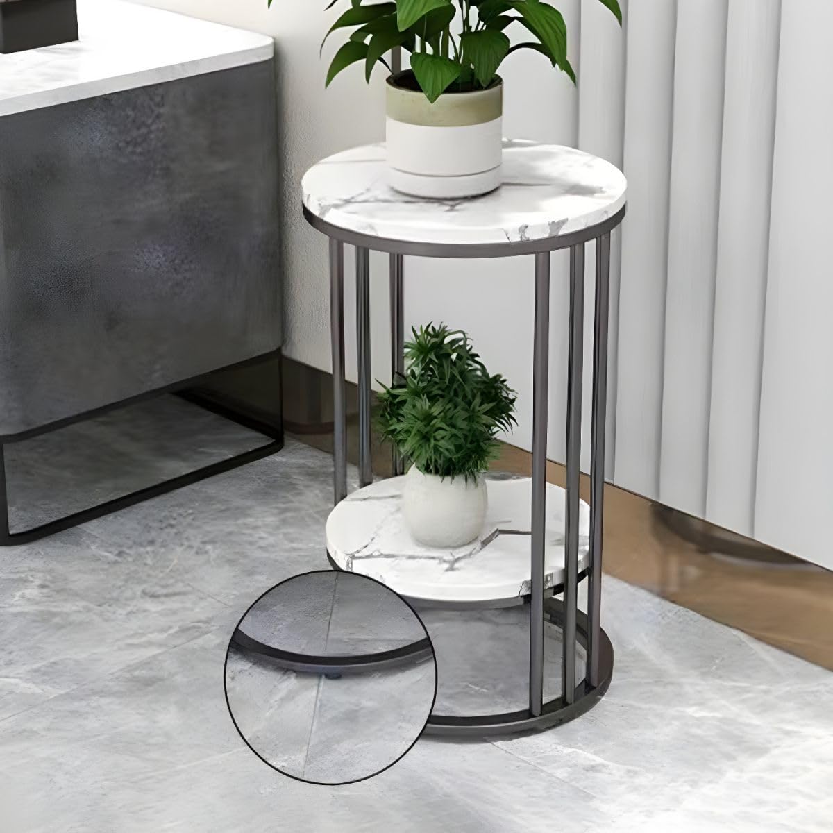 LAKIQ Round Plant Stand Stone Top Metal Frame Indoor Tall Plant Flower Shelf 2 Tiers Plant Table Plant Flower Holders for Corner Patio Garden Living Room Balcony(Black,12" L x 12" W x 27.5" H)