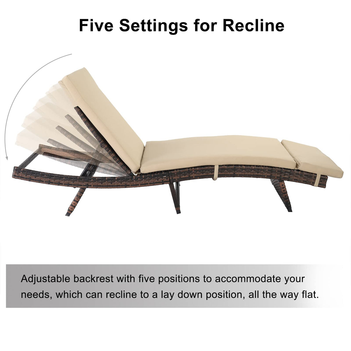 VINGLI Adjustable Patio Wicker Chaise Lounge Outdoor, Rattan Outdoor Lounge Chair, All Weather Patio Chaise Lounge with Adjustable Backrest and Soft Cushions (Brown)