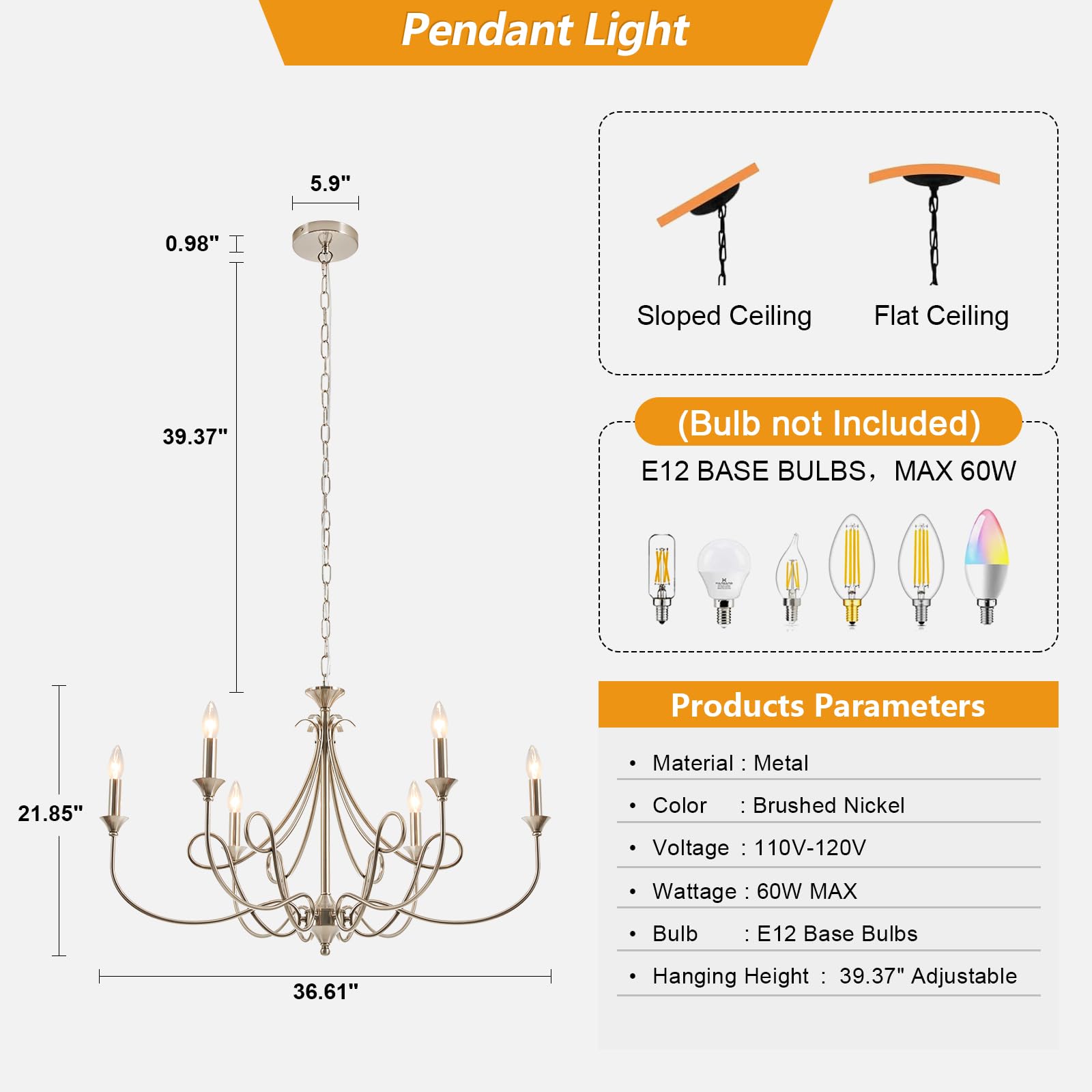 Afirstcght Modern Brushed Nickel Chandelier, 6-Lights Candle Dining Room Light Fixture 36.6in Farmhouse Chandeliers Metal Pendant Lights for Living Room Bedroom Entryway Kitchen Island
