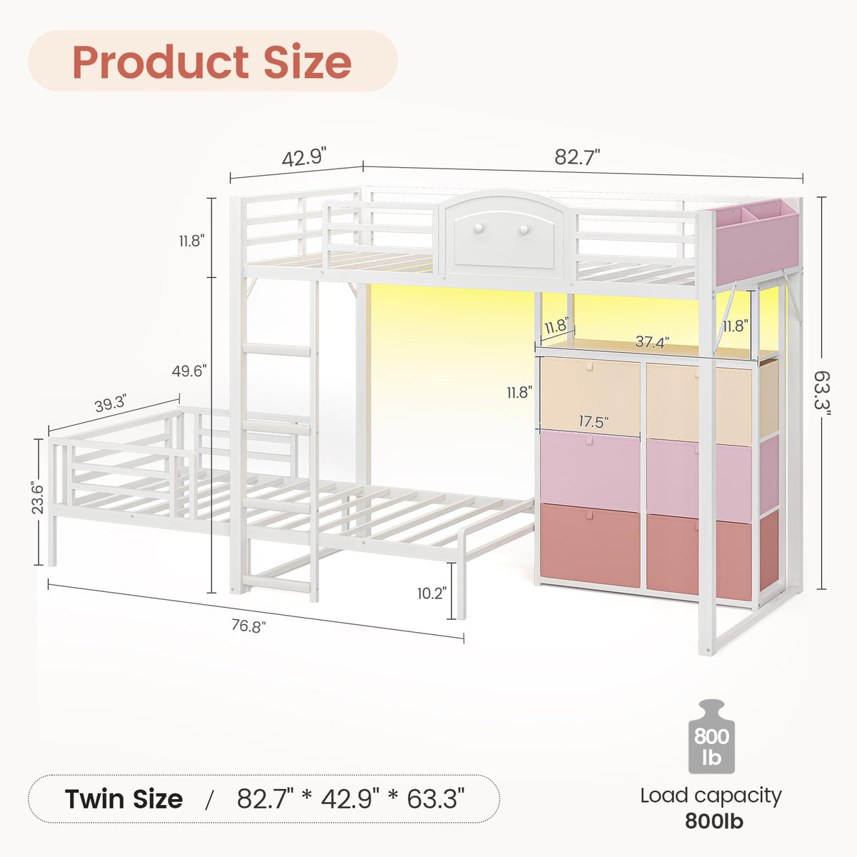 AOGLLATI Bunk Bed Twin Over Twin with 6 Storage Drawers for Kids Teens,Metal Led Loft Bed with Bedside Storage,Safety Guardrails for Small Space, No Box Spring Needed,White