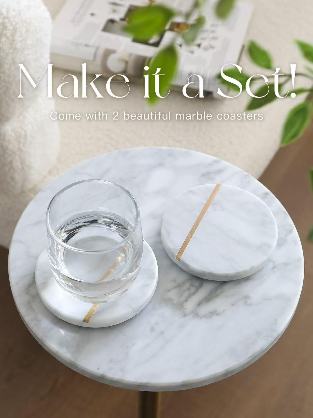 Adjustable Height Marble Pedestal Drink Table with Coasters