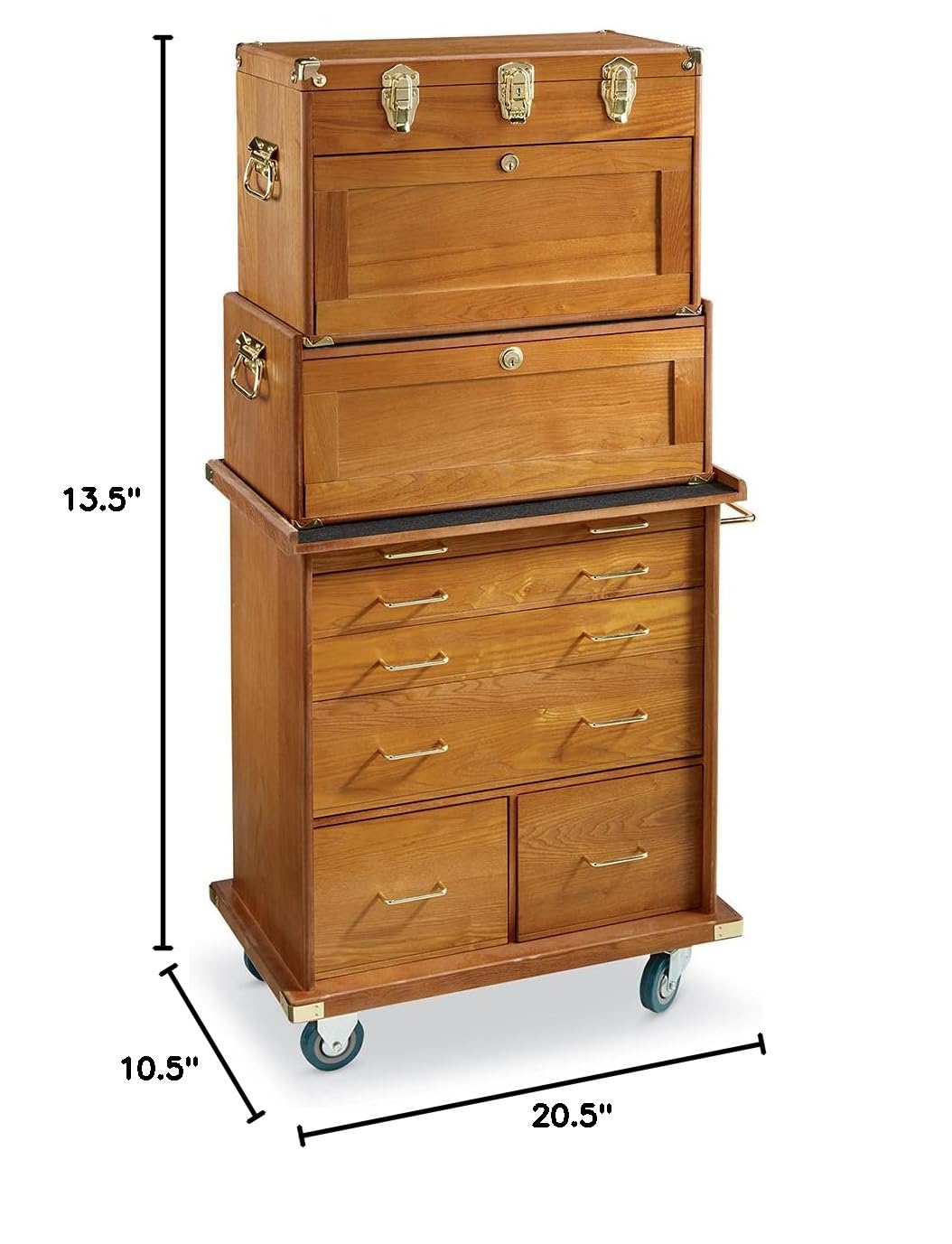CASTLECREEK 4-Drawer Collector's Chest, Wooden Desk Storage Box Organizer Lockable Compartments Oak