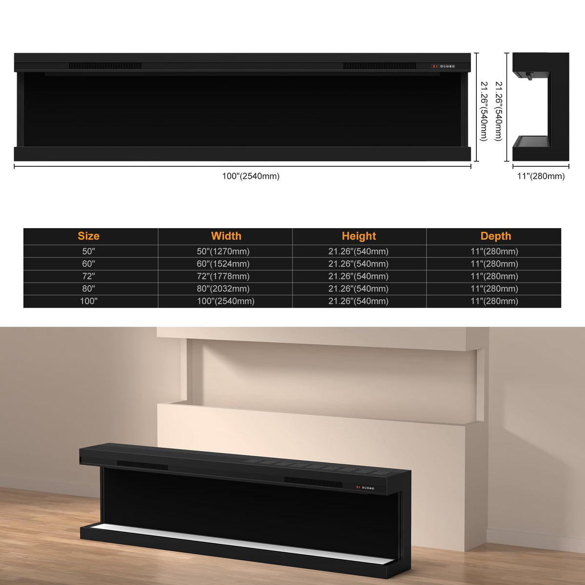 STRICWARM 100" 3-Sided Electric Fireplace Inserts WiFi Recessed Heaters