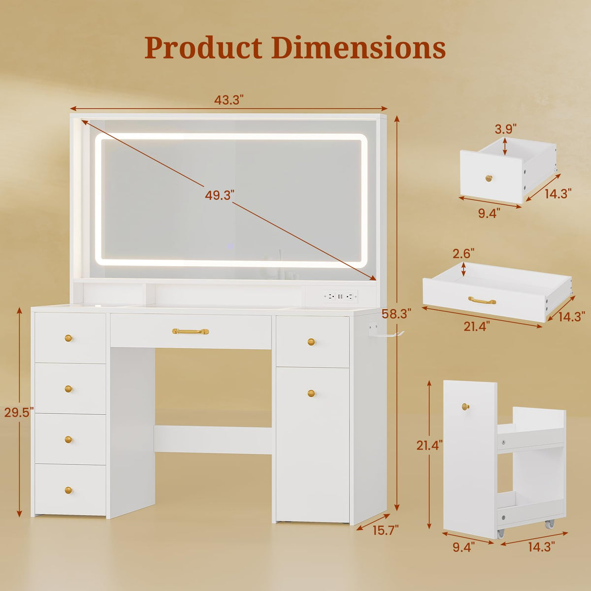 UPOSOJA 49.3“Large Vanity LED Mirror with Lights,Makeup Vanity Desk with 6 Drawers,Power Outlet,Glass Tabletop,Storage Shelf,Rolling Makeup Vanity,Hairdryer Rack,White
