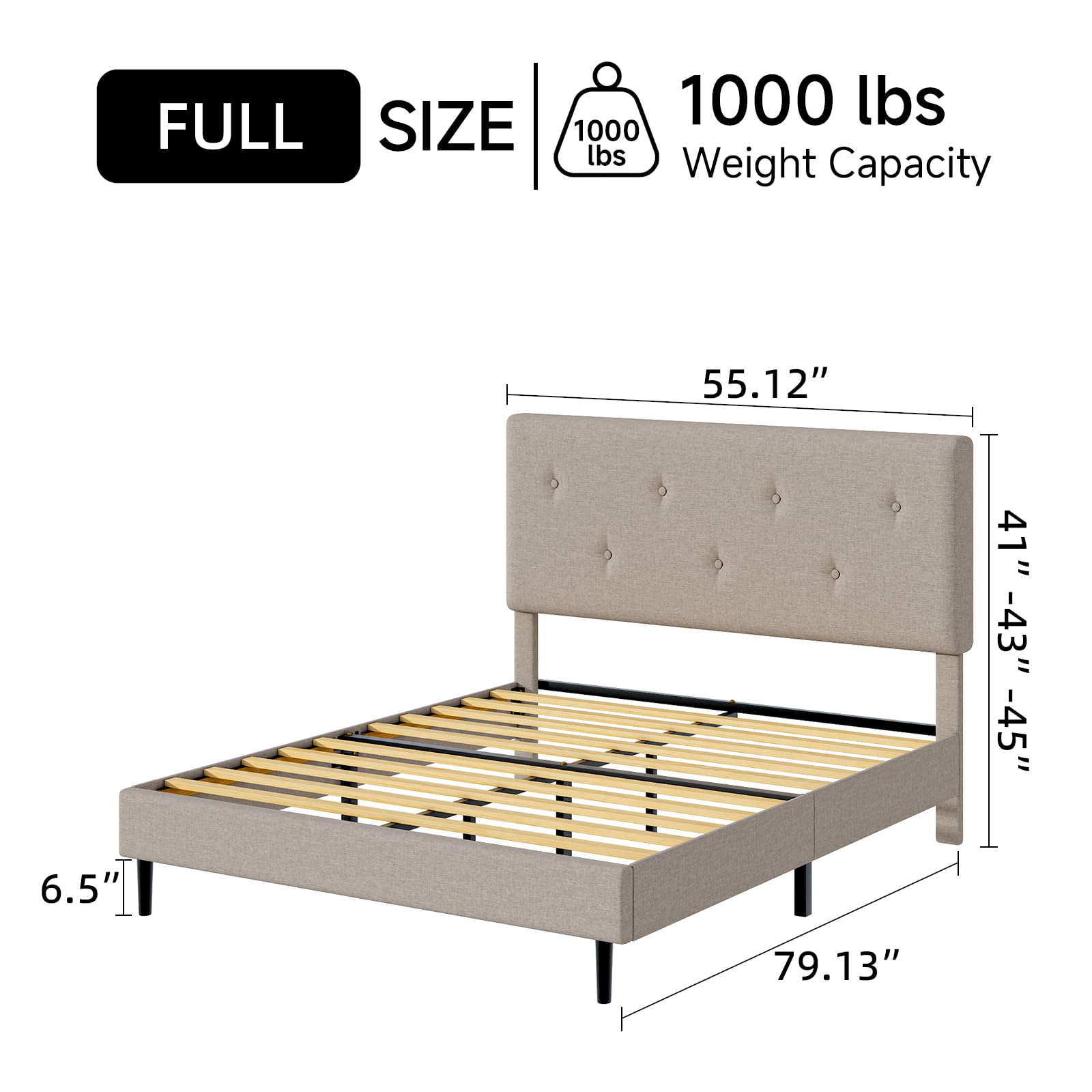 Linen Upholstered Platform Bed Frame with Adjustable Headboard & Wooden Slats