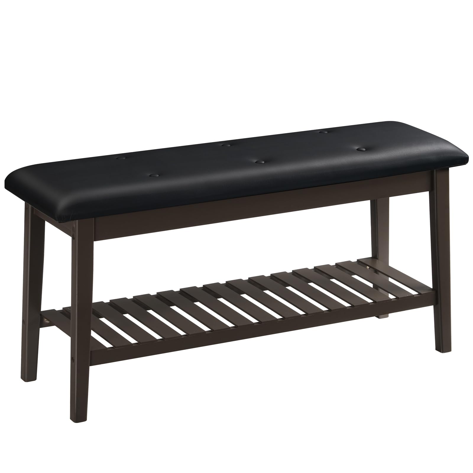 HOOBRO Dining Bench, Bamboo Dining Room Bench, 2-Tier Entryway Bench with PU Leather Upholstered Seat, Kitchen Bench for Living Room, Hallway, Entryway, Bedroom, Kitchen, Brown and Black CB70HX01