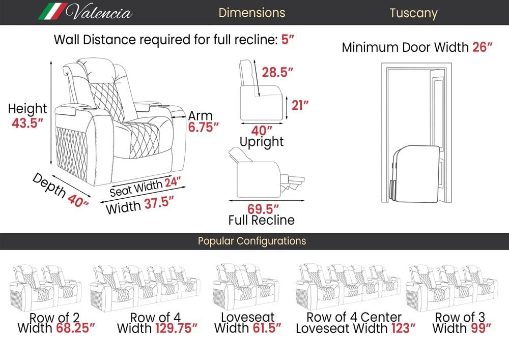 Valencia Tuscany Executive Premier Home Theater Seating with Heat & Massage, Top Grain Italian Nappa 11000 Leather Power Recliner Chair with Headrest & Lumbar Support (Row of 4 Loveseat Left, Black)