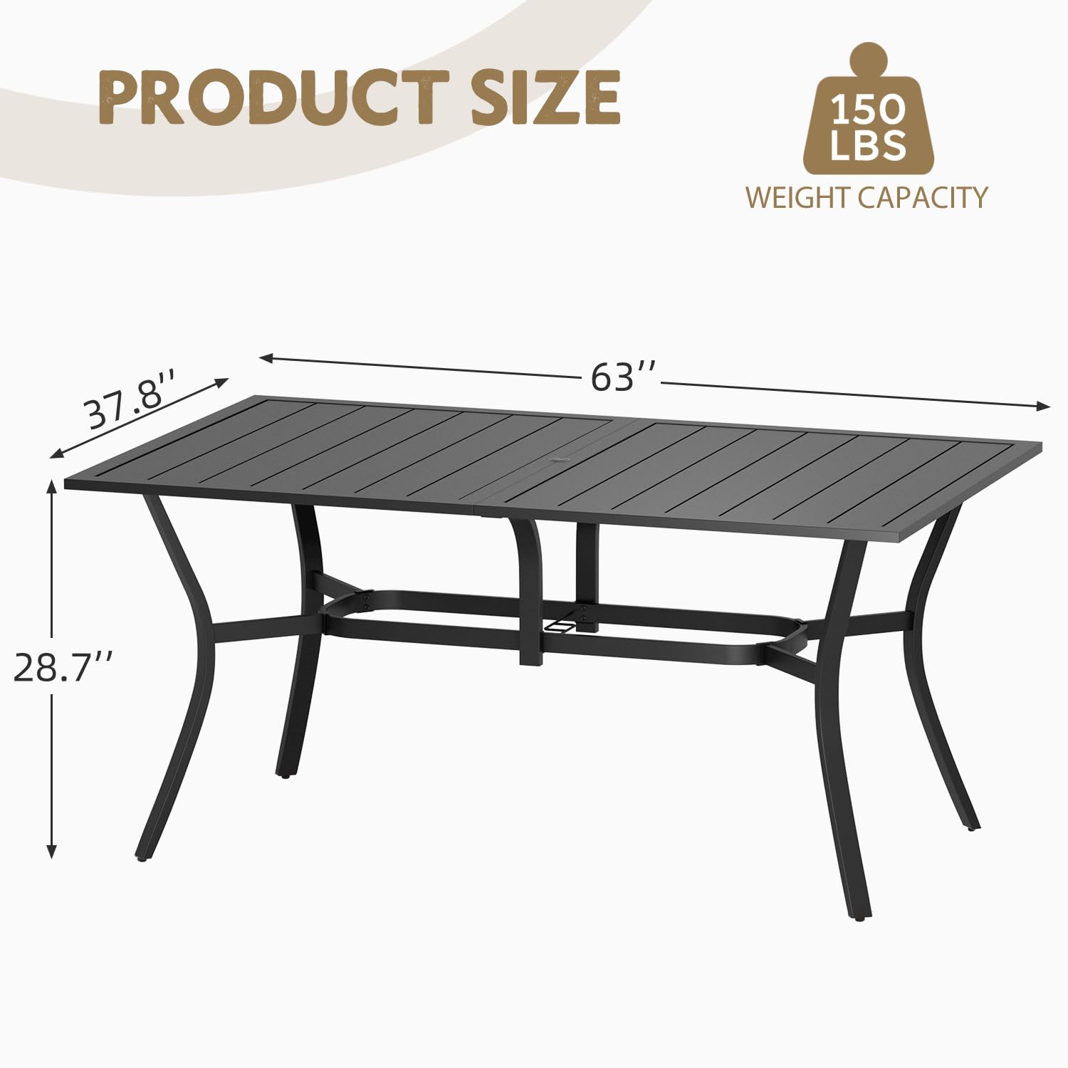 MELLCOM 63''x38'' Outdoor Dining Table for 6, E-Coating Metal Patio Dining Table with 1.57'' Umbrella Hole, All-Weather Black Rectangular Table for Porch, Garden, Backyard, Poolside, Lawn