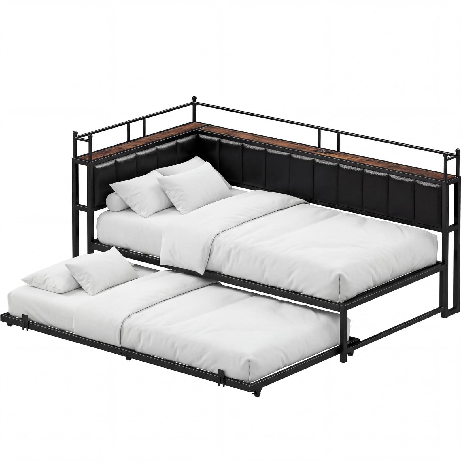 LIKIMIO Daybed with Trundle, Twin Corner Bed Frame with Bedside Storage,Sofa Day Bed for Living Room, Bedroom and Guest Room,Black