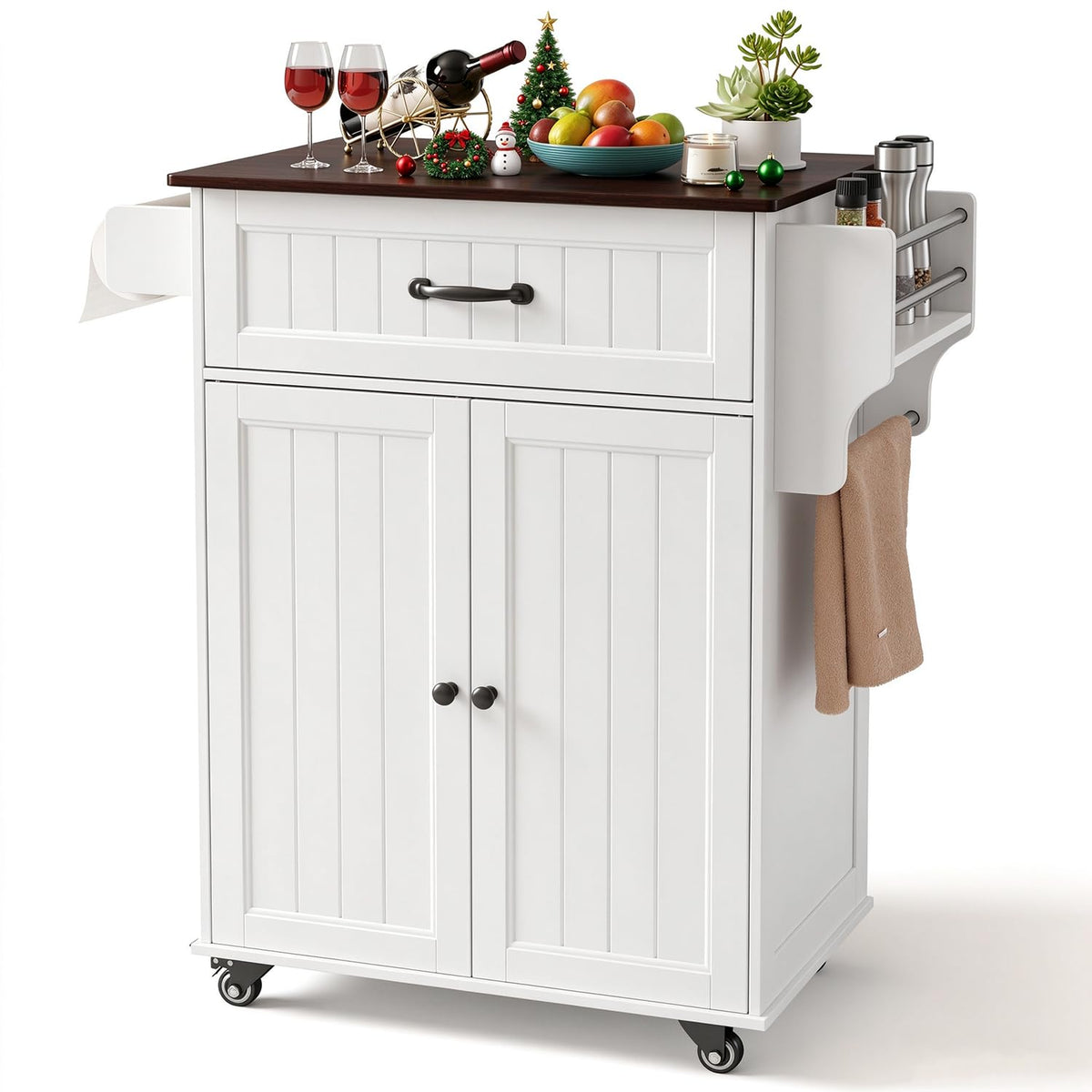 Gizoon 33"W White Kitchen Island Cart with Adjustable Shelf, Retro Tabletop