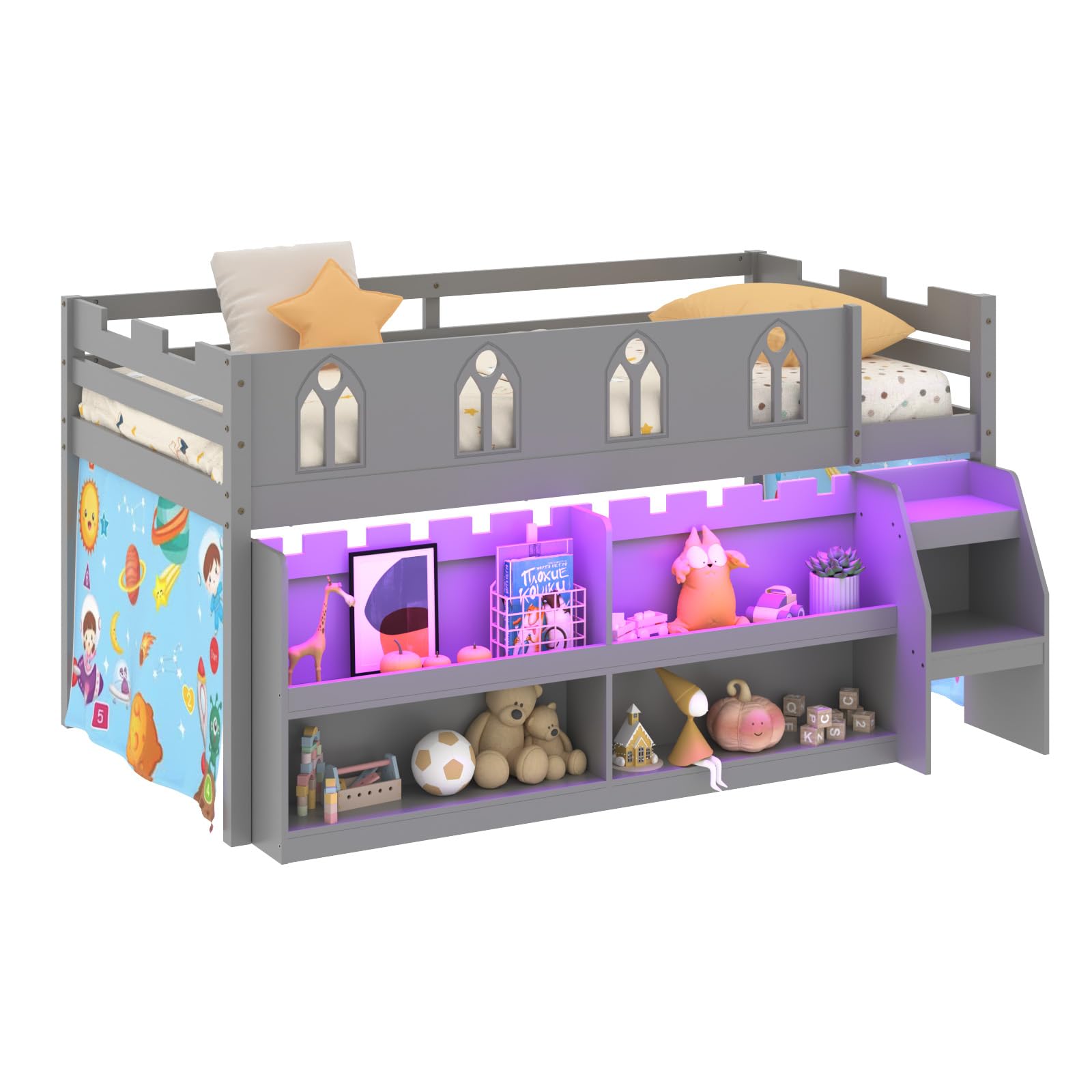 Twin Low Loft Bed with LED Lights & Storage