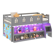 Twin Low Loft Bed with LED Lights & Storage
