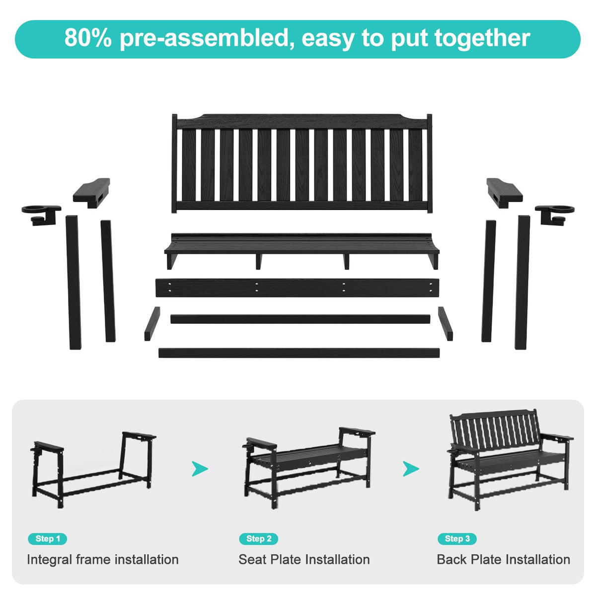 WELYAS HDPE Outdoor Bench for Porch, 48" Weatherproof Easy Assemble,Black
