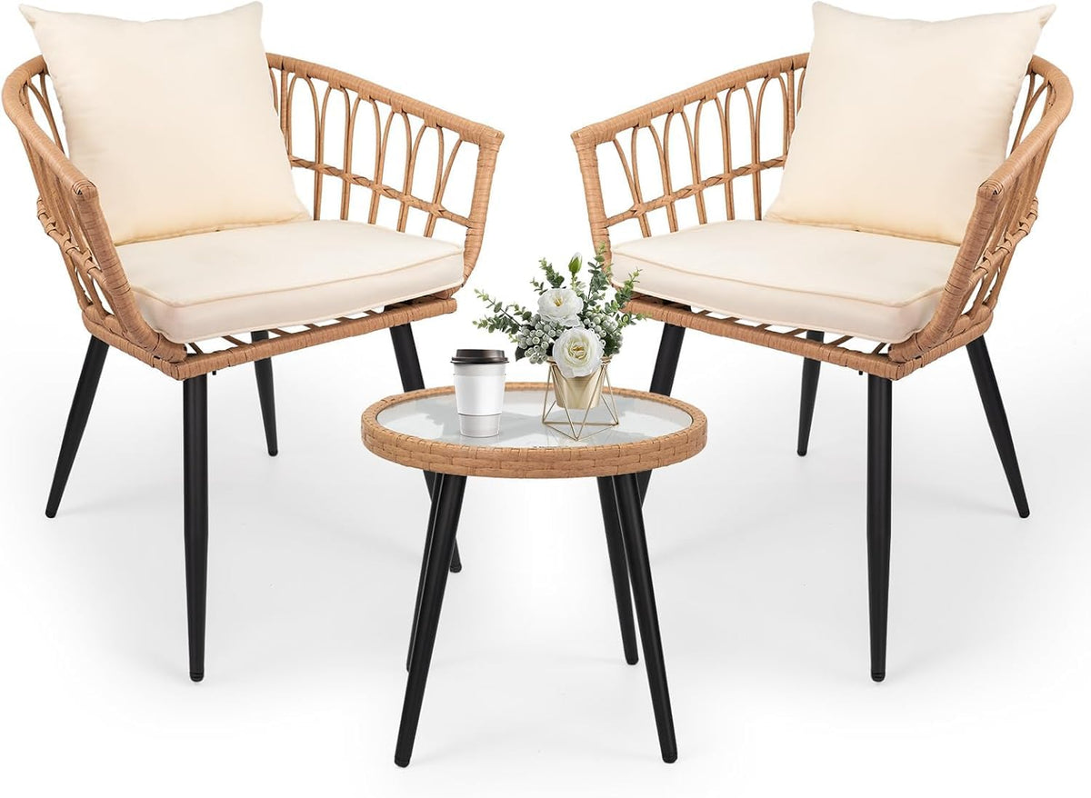 MOLIBYME 3 Piece Patio Bistro Set, All-Weather Outdoor Rattan Balcony Furniture Set with Cushions, Wicker Table and Chairs Set of 2 for Porch, Backyard, Lawn Poolside, Deck(Beige)