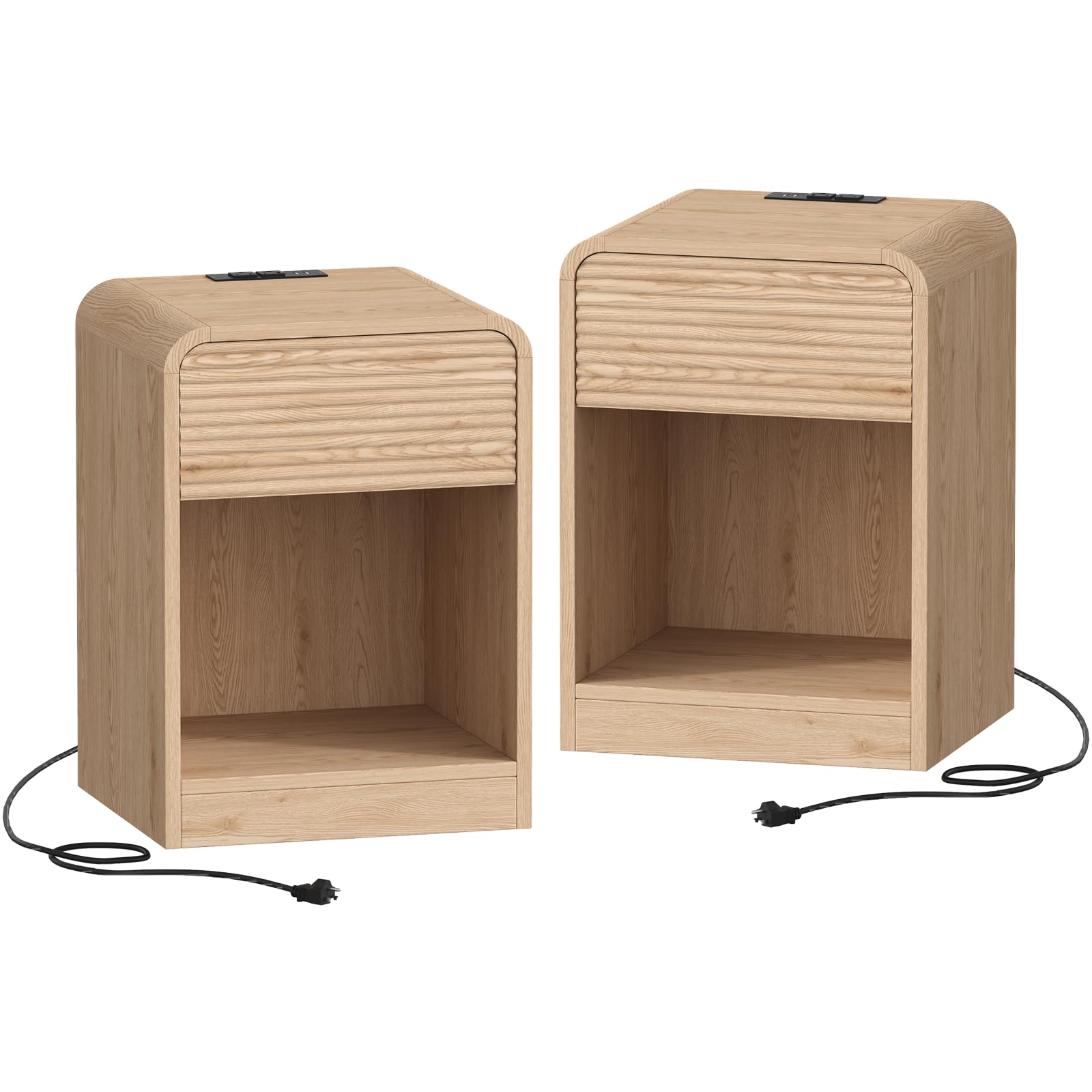 Fluted Nightstands Set of 2 with LED & Charging Station