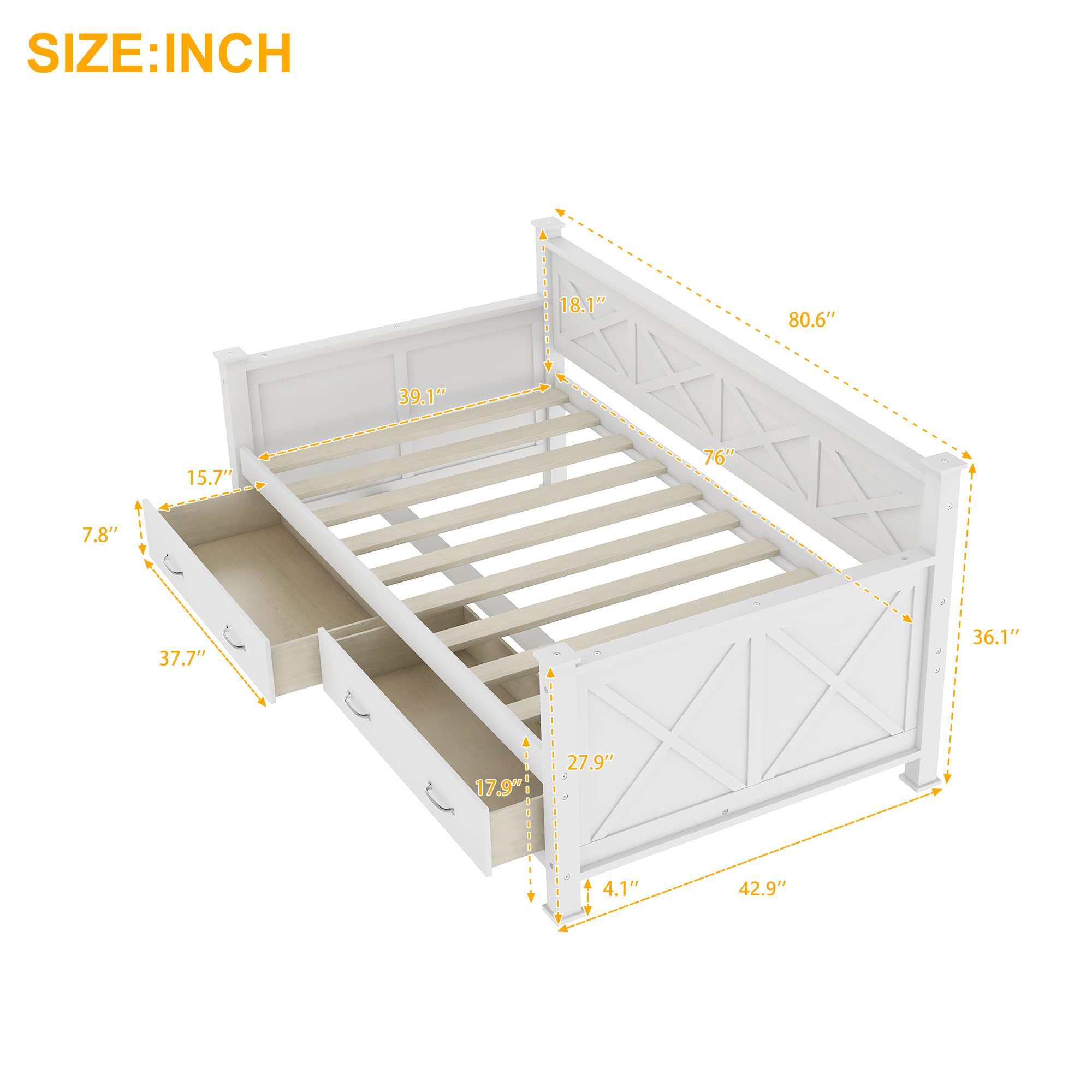 Twin Size Solid Wood Daybed Frame with 2 Storage Drawers,X-Shaped Backrest and Armrests,Low Profile Design,Perfect for Kids Room,Small Space,Apartment,No Box Spring Needed,Space Saving,Cream White