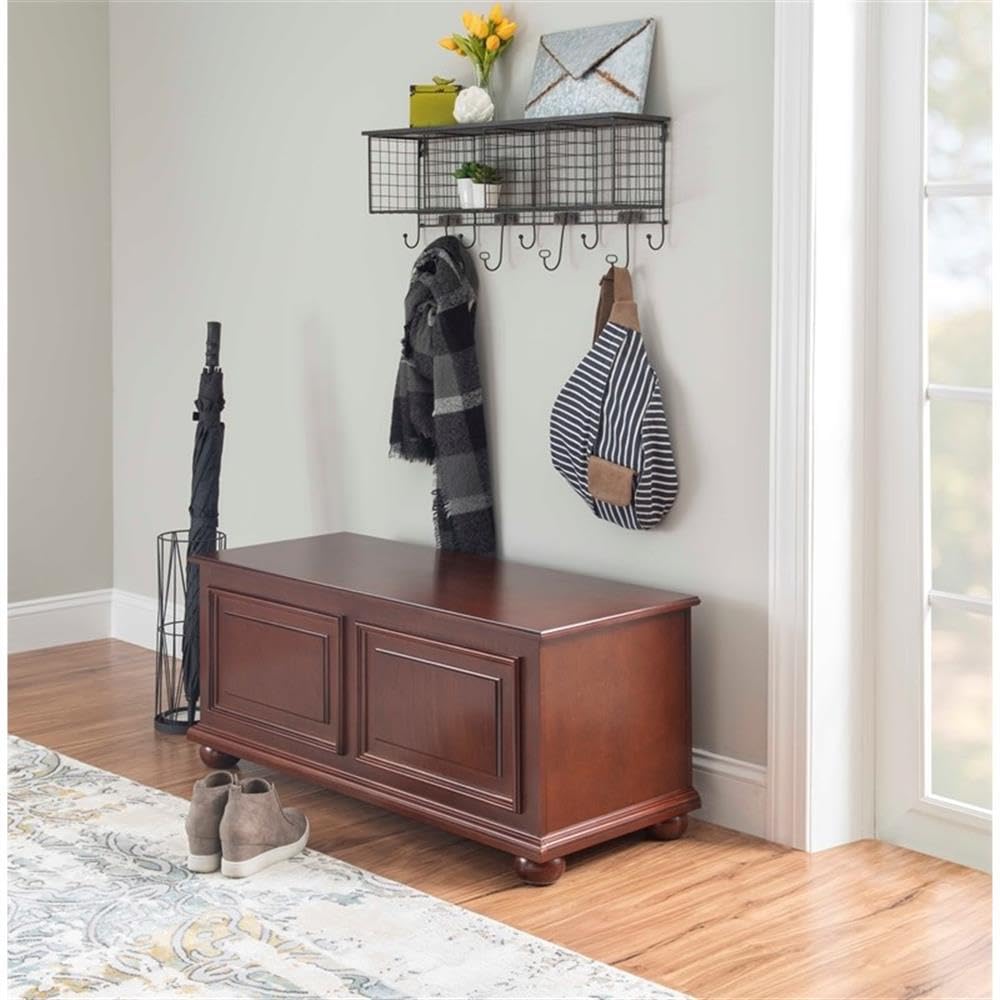 Pemberly Row Contemporary MDF Rubberwood Chest, Cherry Finish, 40.5" w x 16.75" d x 18" h, Decorative Molding, Bun Feet, Lined Storage, Child Safe Hinges, Living Room Accent Furniture