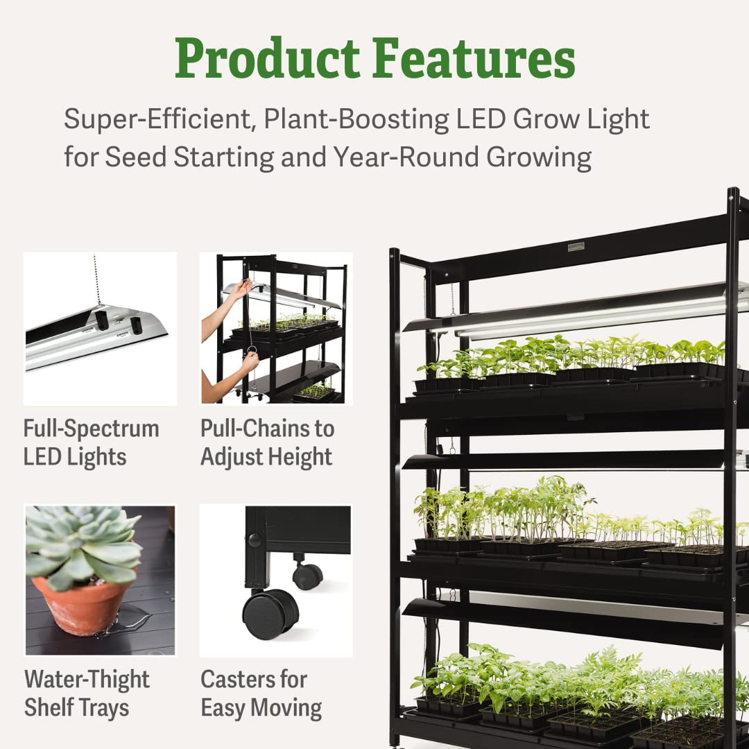 Gardener's Supply Company 3-Tier Grow Light Plant Stand with Three Watertight Shelf Trays | Includes 6 Bright 6500K Color LED Full-Spectrum Bulbs for Optimal Indoor Growing