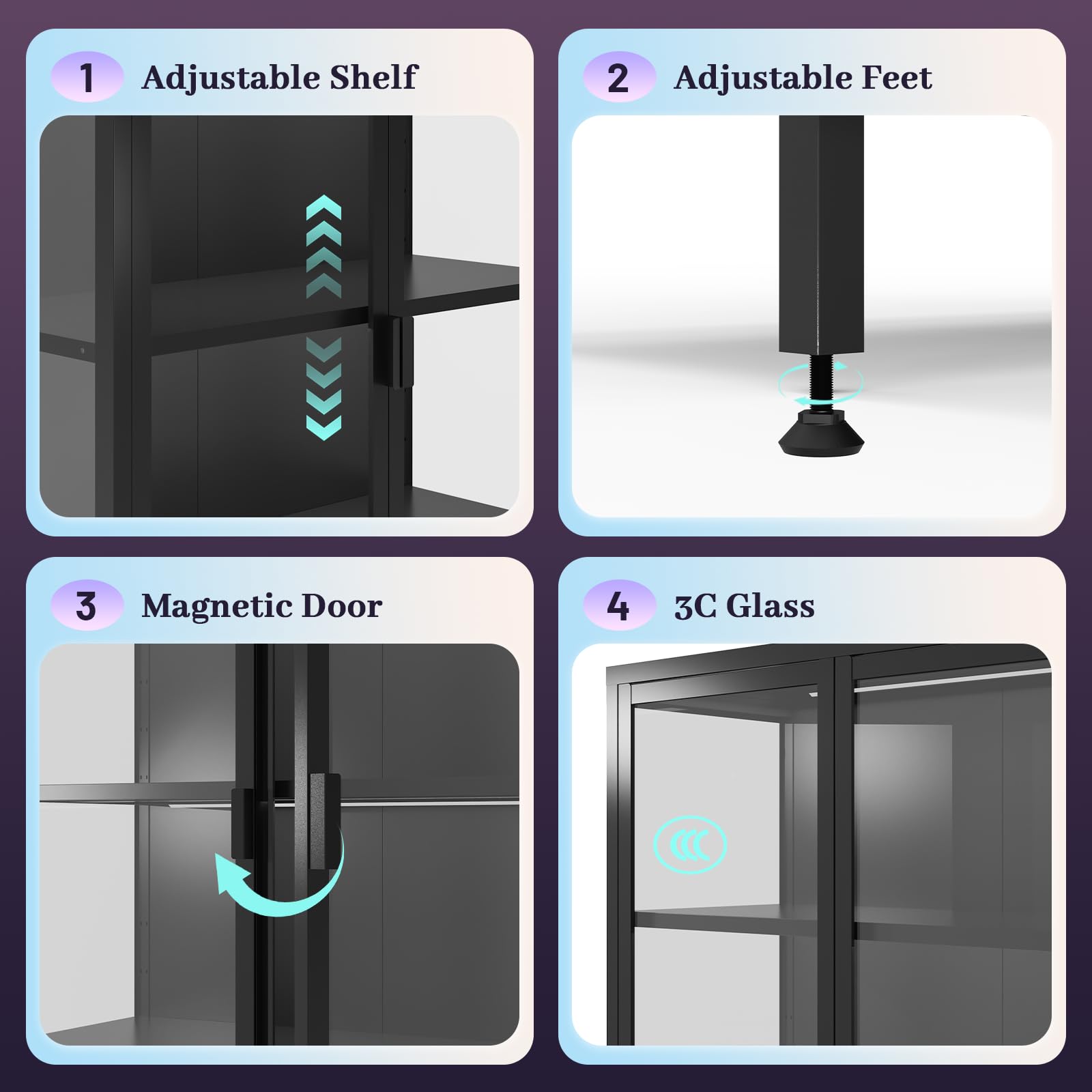 Glass Display Cabinet with LED Sensor Lights & Adjustable Shelves