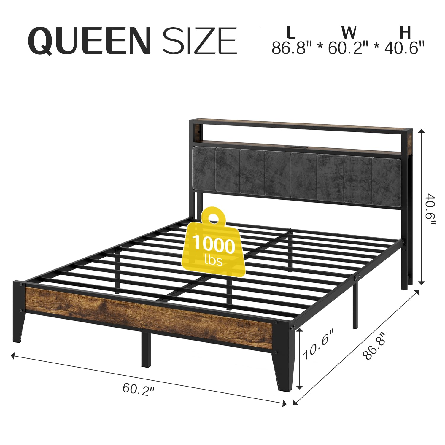 Metal Platform Bed Frame with LED Headboard & Charging Station
