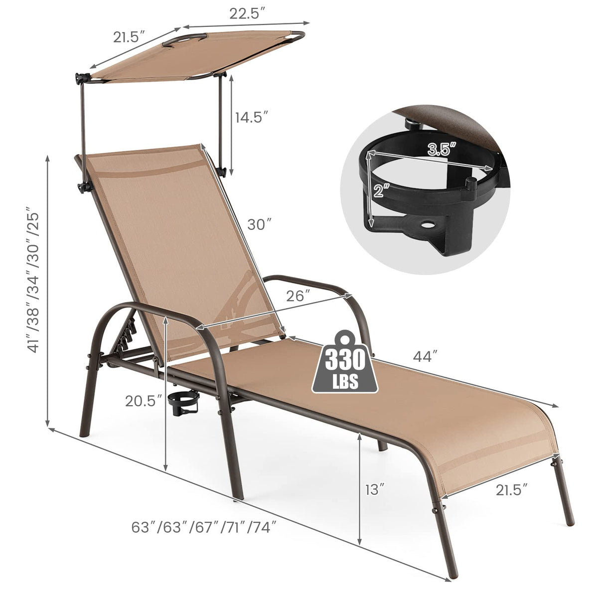 GIANTEX Patio Chaise Lounge Chair, Outdoor Beach Chair with Adjustable Canopy, Cupholder, 5-Level Backrest, Metal Frame, Sunbathing Lounger for Tanning, Outside, Poolside, Yard, Lawn, Brown