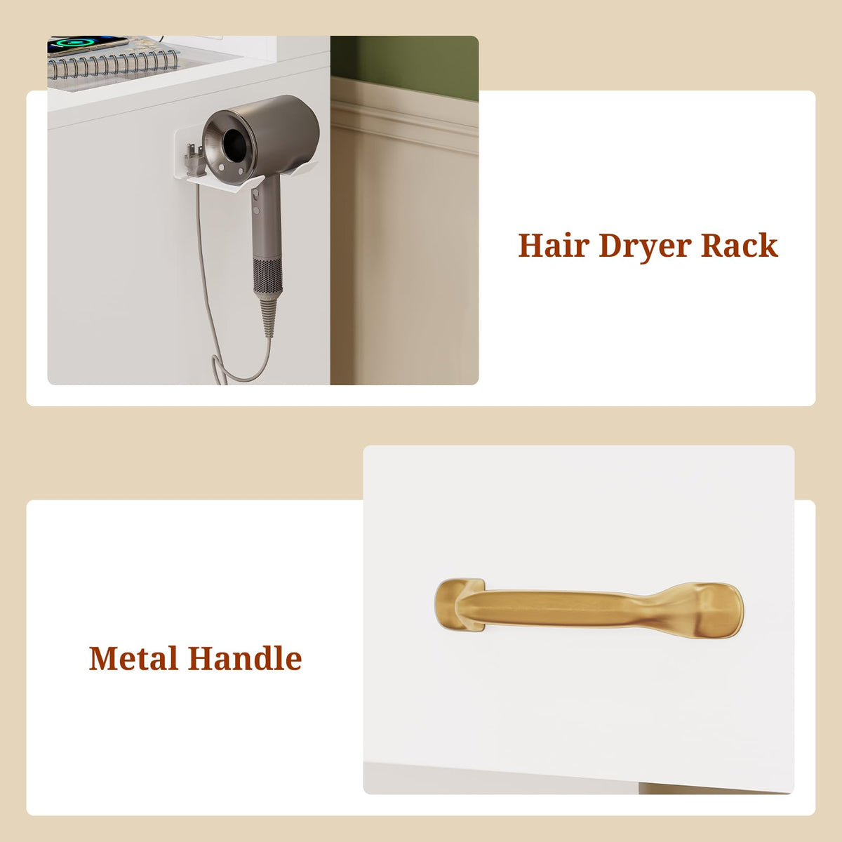 UPOSOJA 49.3“Large Vanity LED Mirror with Lights,Makeup Vanity Desk with 6 Drawers,Power Outlet,Glass Tabletop,Storage Shelf,Rolling Makeup Vanity,Hairdryer Rack,White