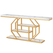 Tribesigns 70.9 inch Extra Long Console Table, Modern Gold Sofa Table Behind Couch with Storage, 4 Tier Entryway Accent Table for Living Room, Hallway, Entrance, Faux Marble White