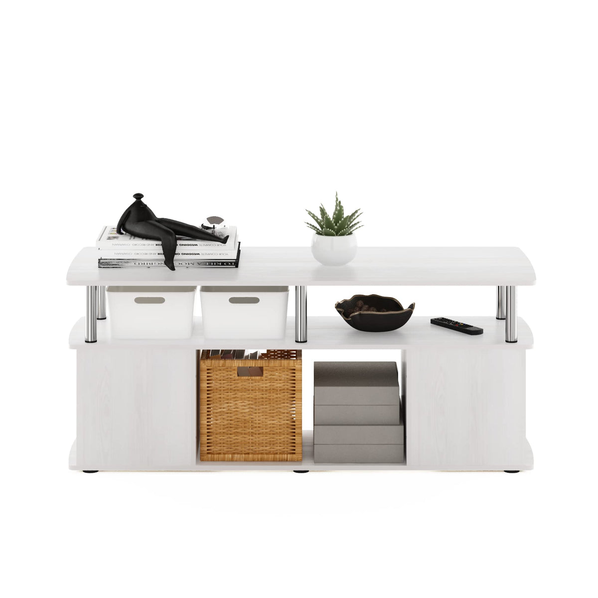 Furinno Jaya TV Stand, 3-Tier Entertainment Center with Open Shelf, TV Console for TV up to 50 Inch with Side Storage Compartments, for Living Room, Bedroom, White Oak/Stainless Steel