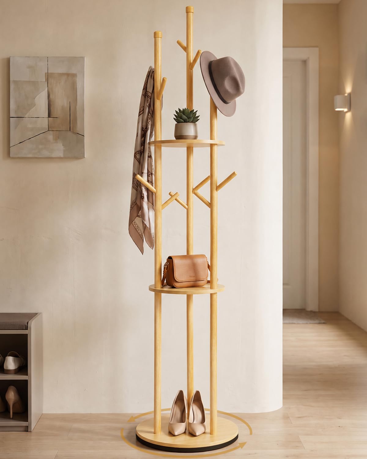 Rotating Coat Rack with Shelves