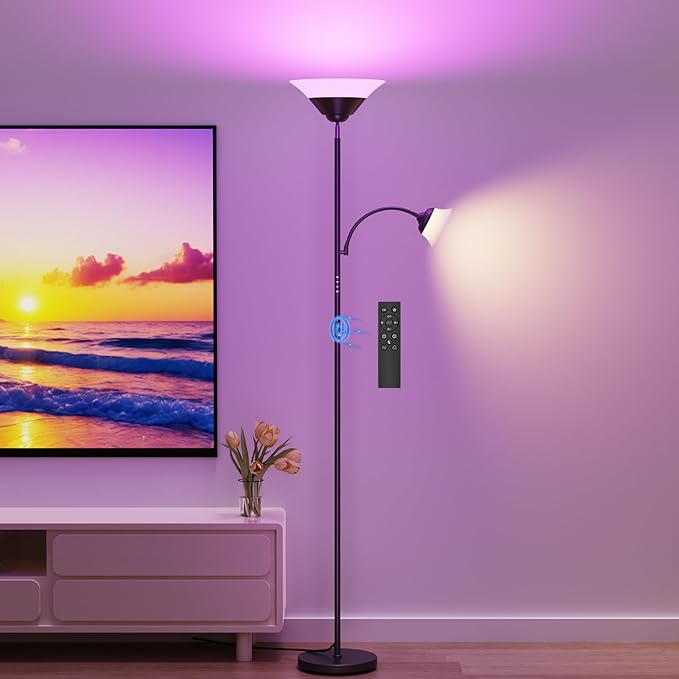 Dual-Zone LED Torchiere Floor Lamp with Gooseneck Reading Light